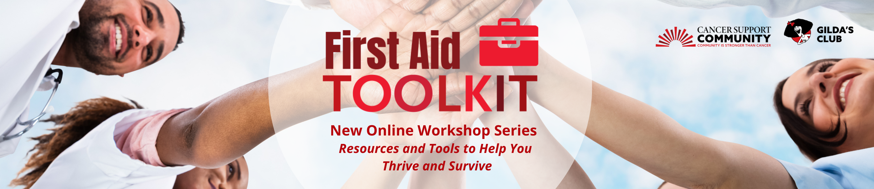 First Aid Toolkit with people putting hands together