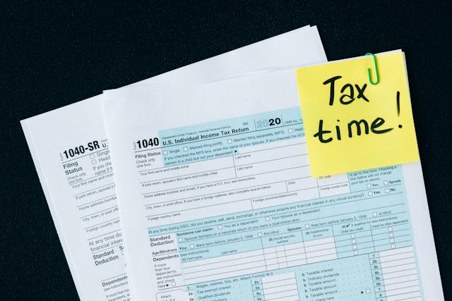 Tax documents on a table.